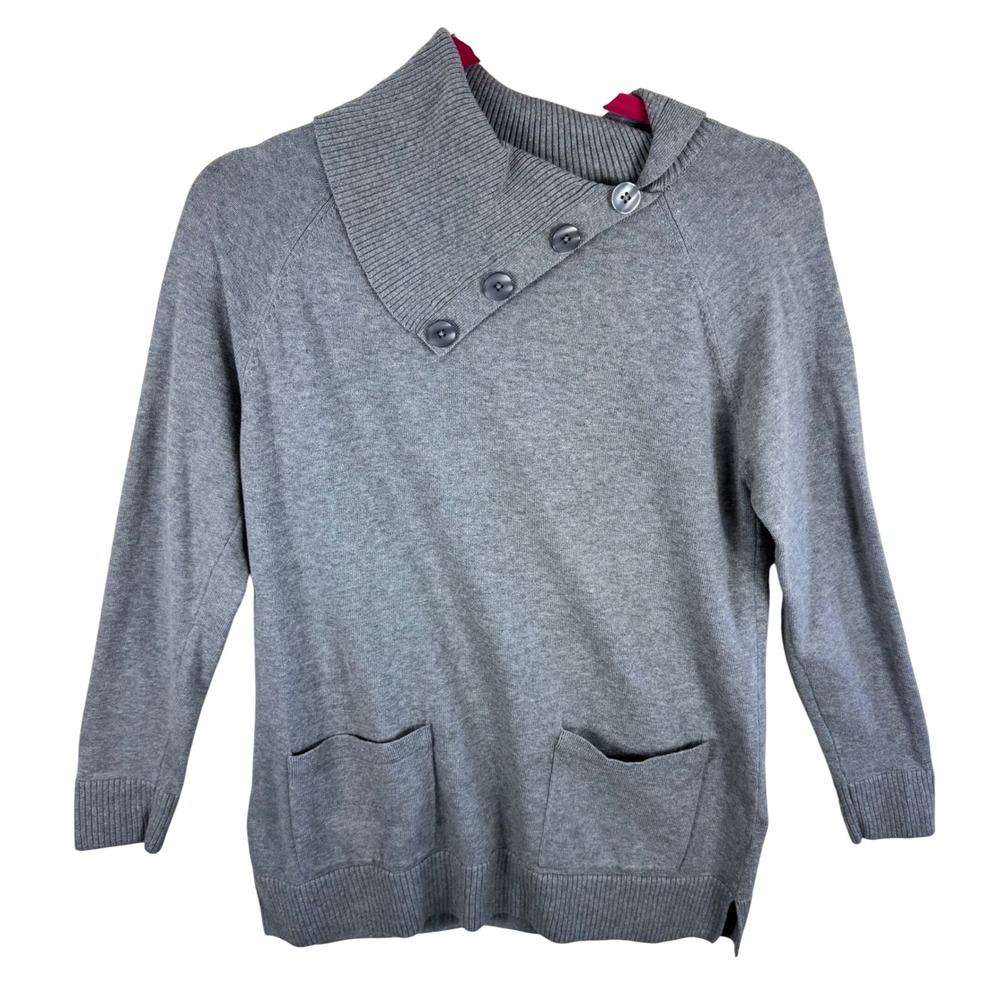 Jeanne Pierre Womens Grey Cotton Button Cowl Neck Sweater Small Raglan Pockets
